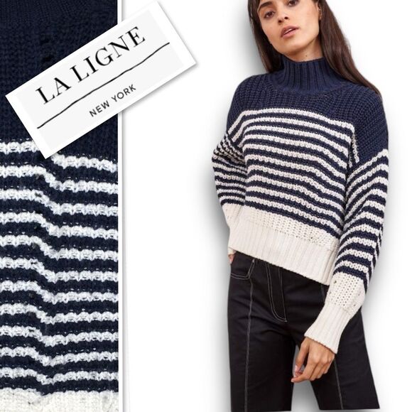 La Ligne Sweaters - LA LIGNE Bretagne Striped Chunky Knit Wool Sweater Pullover iNAVY/CREAM  Size L